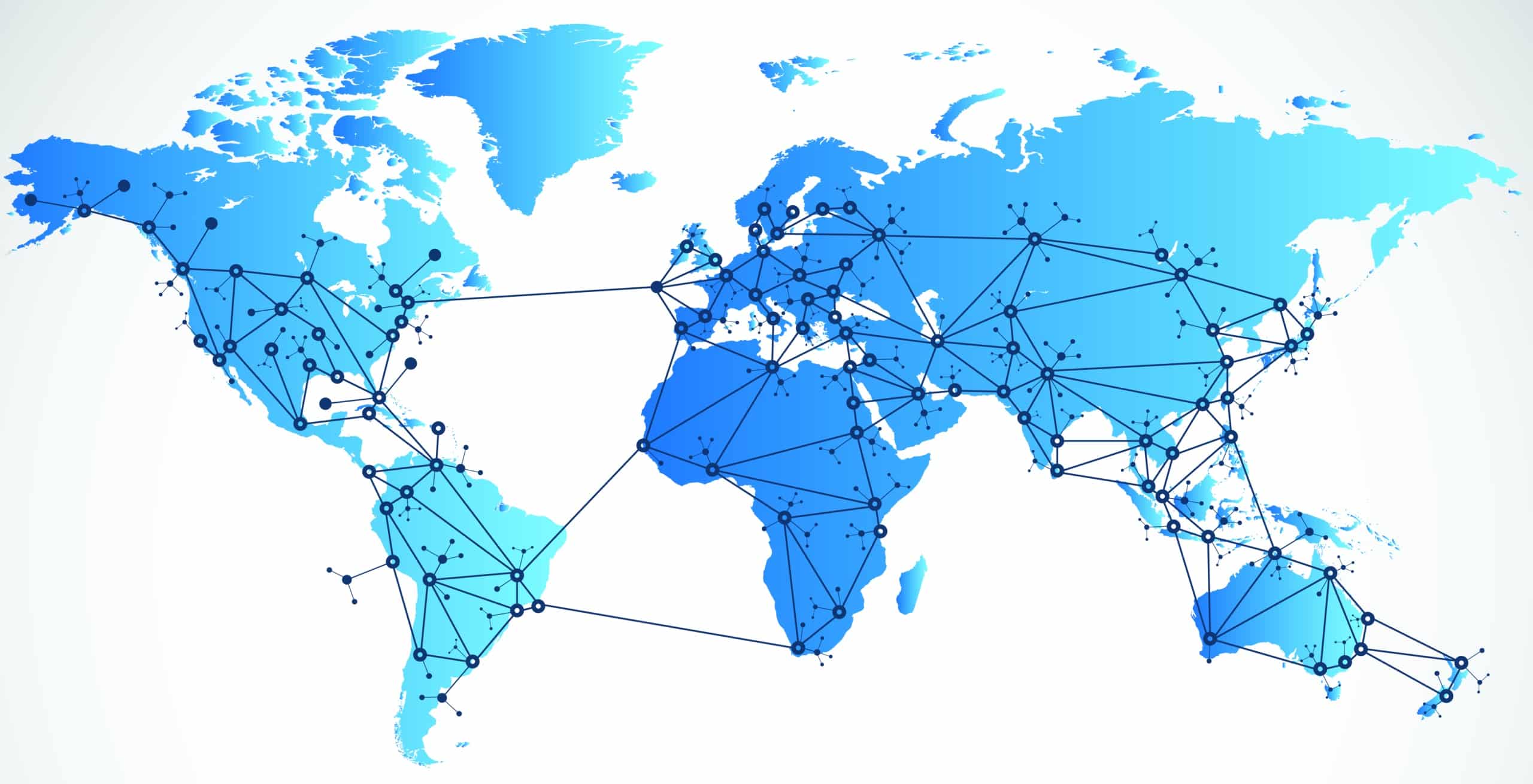 Many dots connected by lines across world map