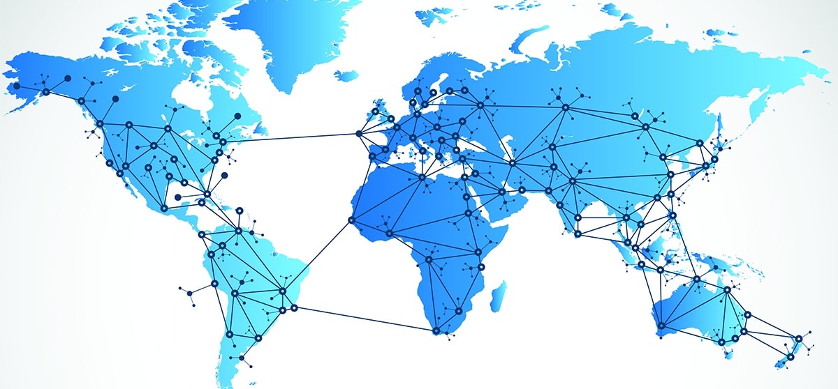 Many dots connected by lines across world map