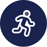 Person running inside dark blue circle