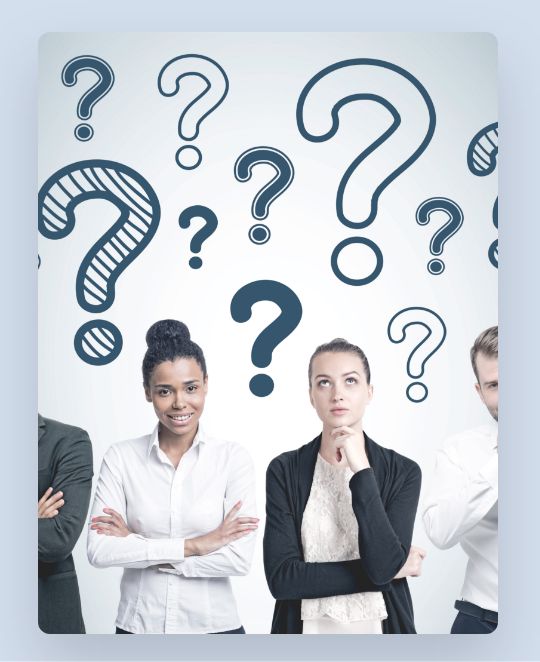 Line of businesspeople standing under floating jumble of question marks
