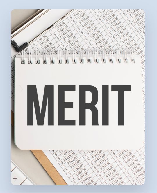 "Merit" on ringed notebook on top of clipboard with prices table